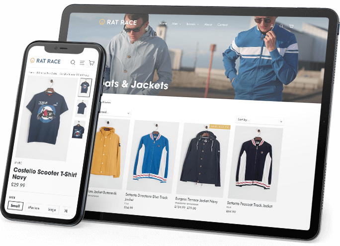 Rat Race ecommerce website on an iPad and iPhone
